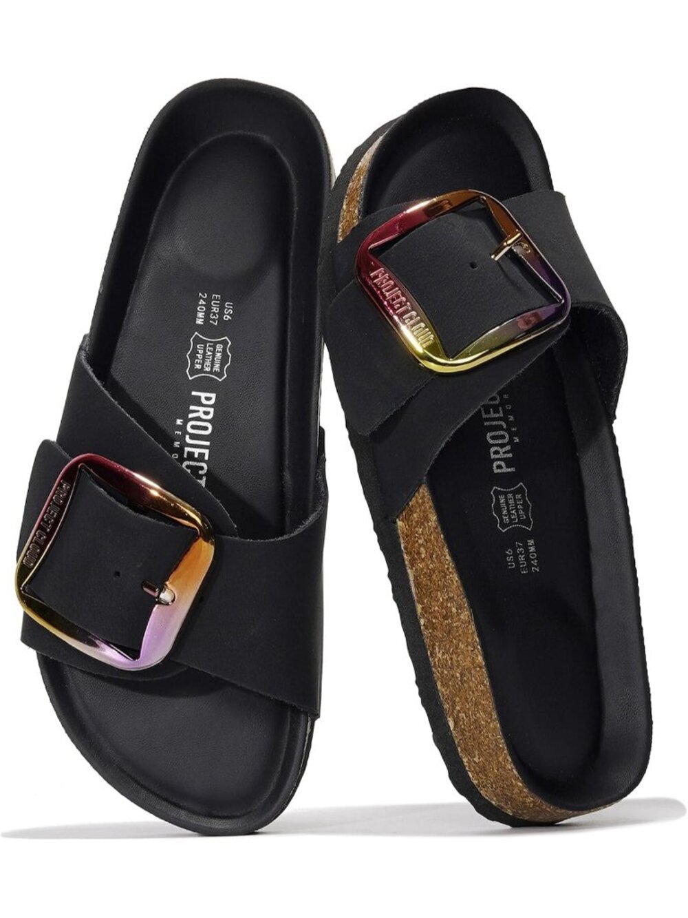 🆕 Women's Black Leather Rainbow Big Buckle Comfort Slide Sandals